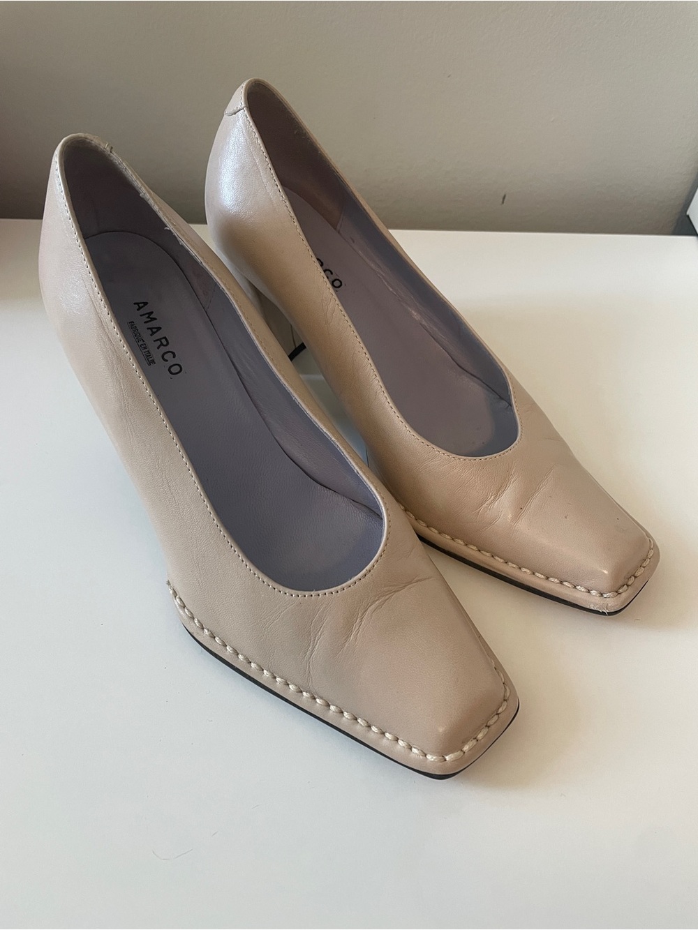 Nude Leather Square-Toe Heels